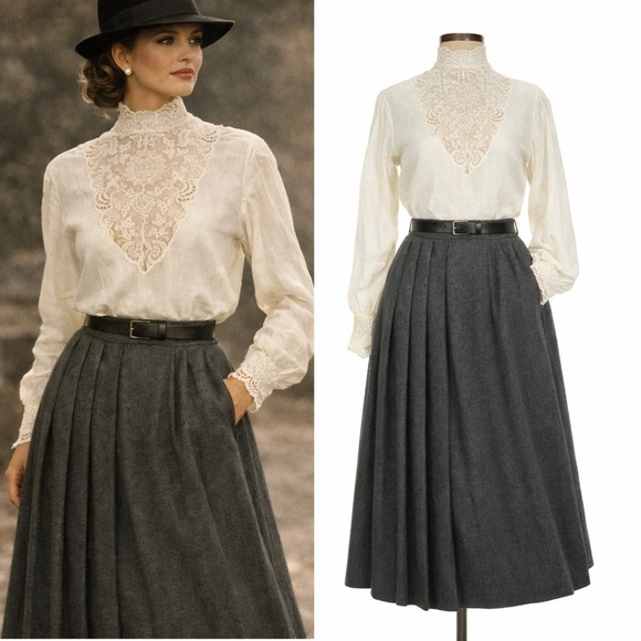 Ralph Lauren Dresses & Skirts - Vintage Ralph Lauren 80s Wool Midi Skirt & Linen Lace Blouse Top Set Victorian